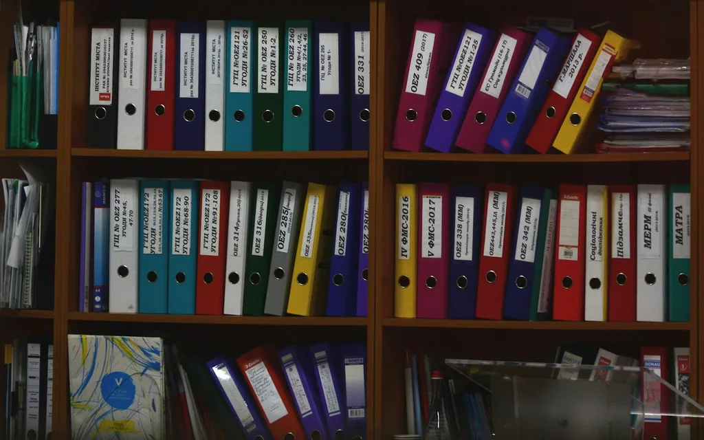 Rows of colorful ring binders organized on wooden shelves in an office
