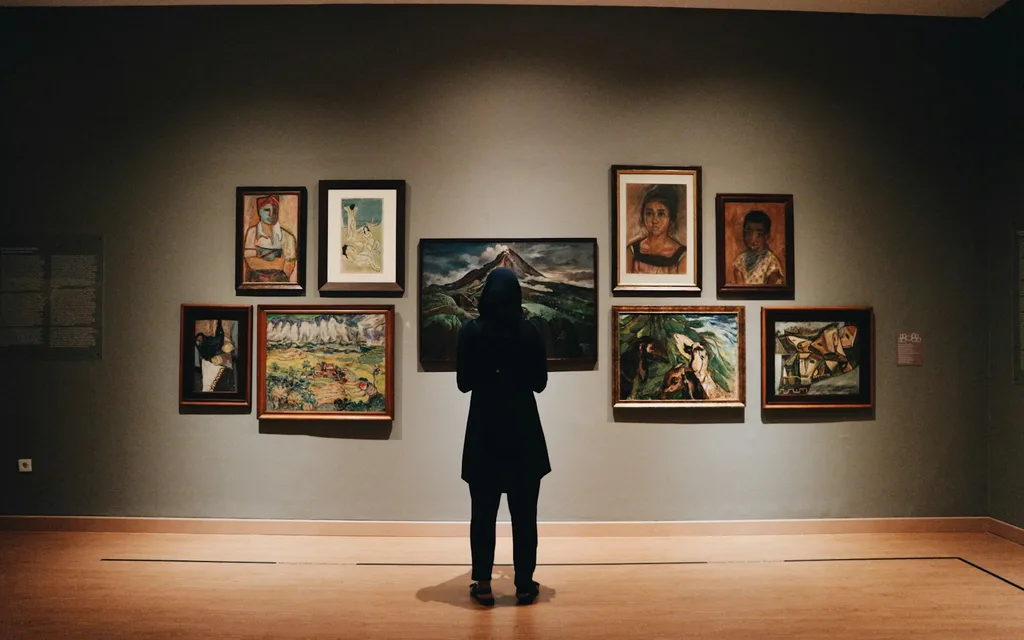 woman in black coat standing in front of paintings